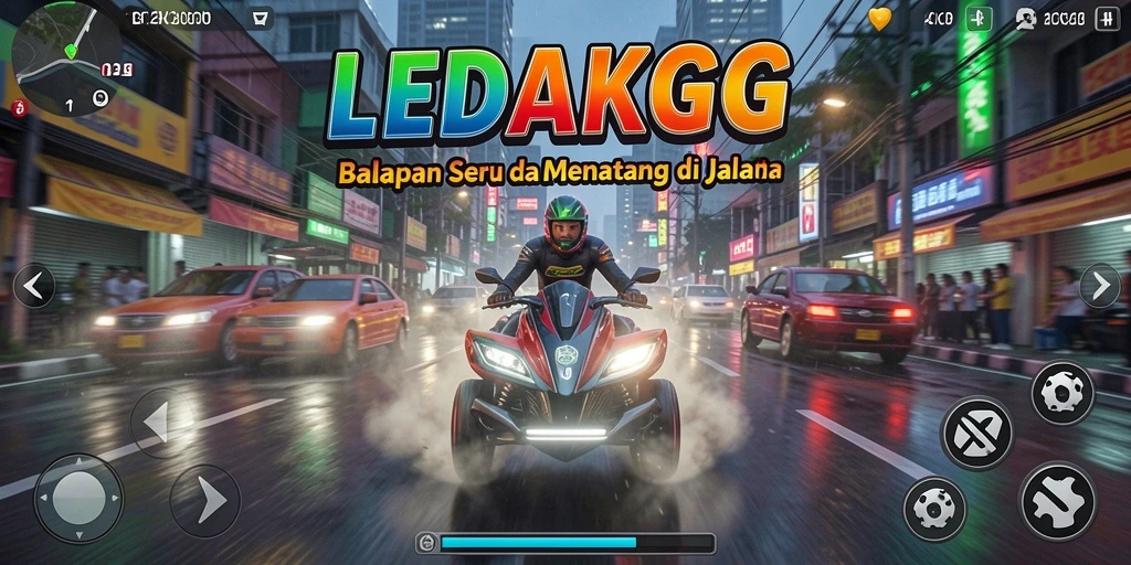 Tampilan gameplay LEDAKGG menampilkan balapan seru di trek yang menantang.